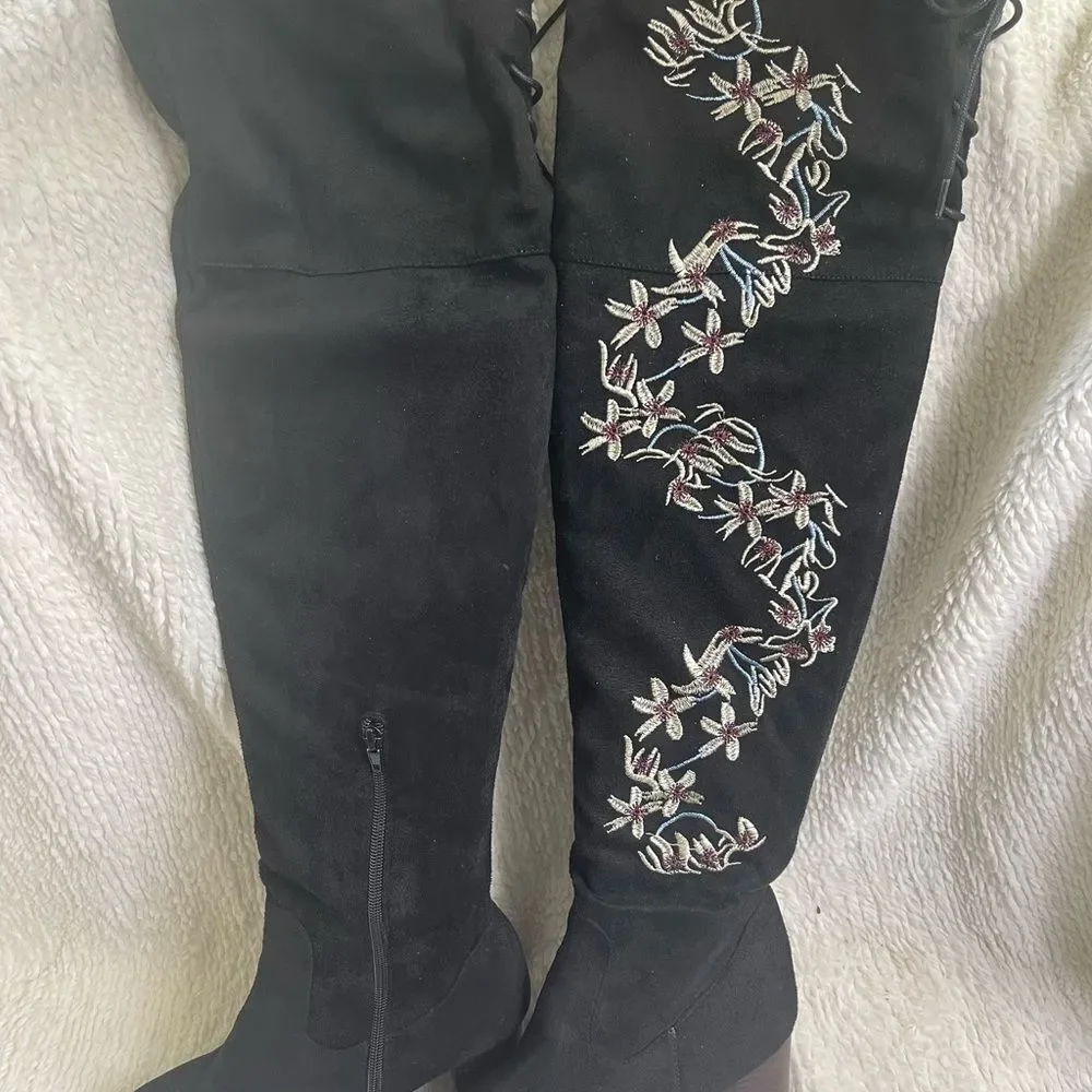 Qupid fabric suede black over the knee  heel boots floral embroidery accent SZ9